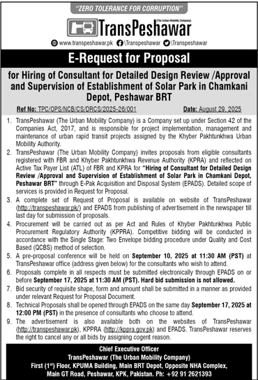 TransPeshawar Tender Notice